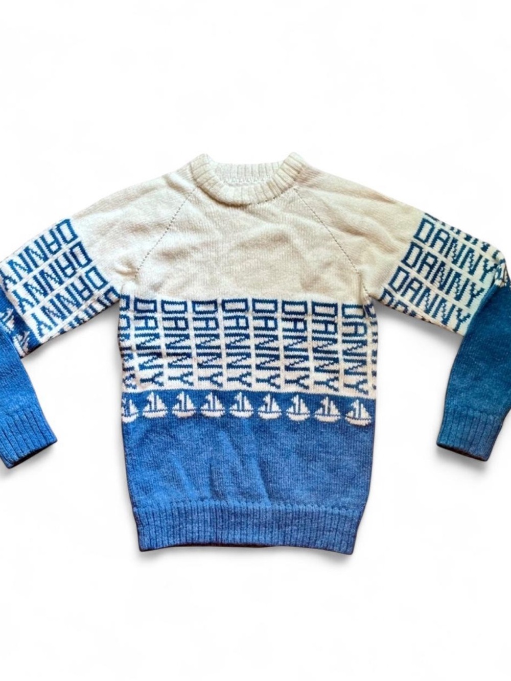 Vintage 80s Wool Blend Handmade Nautical Blue & White Sweater